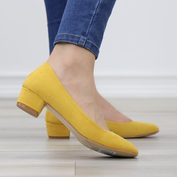 Mustard Faux Suede Close Round Toe Kitten Low Block Heel Pumps - Picture 4 of 13